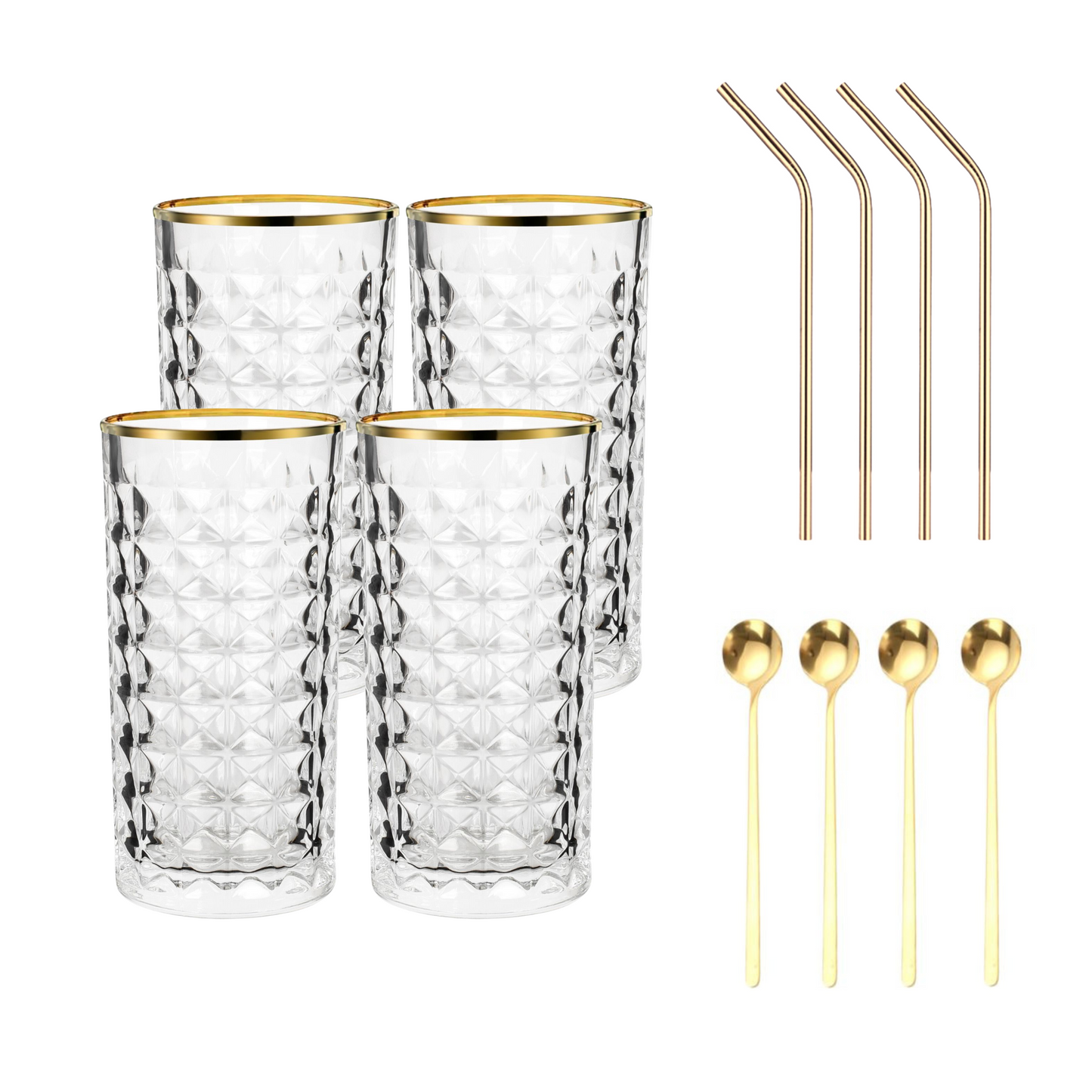 Set Luxus Kristall Latte Macchiato Gläser mit Goldrand 330ml Trinkgläser 4er Set "Luxe" mit goldenen Latte Macchiato Löffeln und goldenen Strohhalmen aus Edelstahl