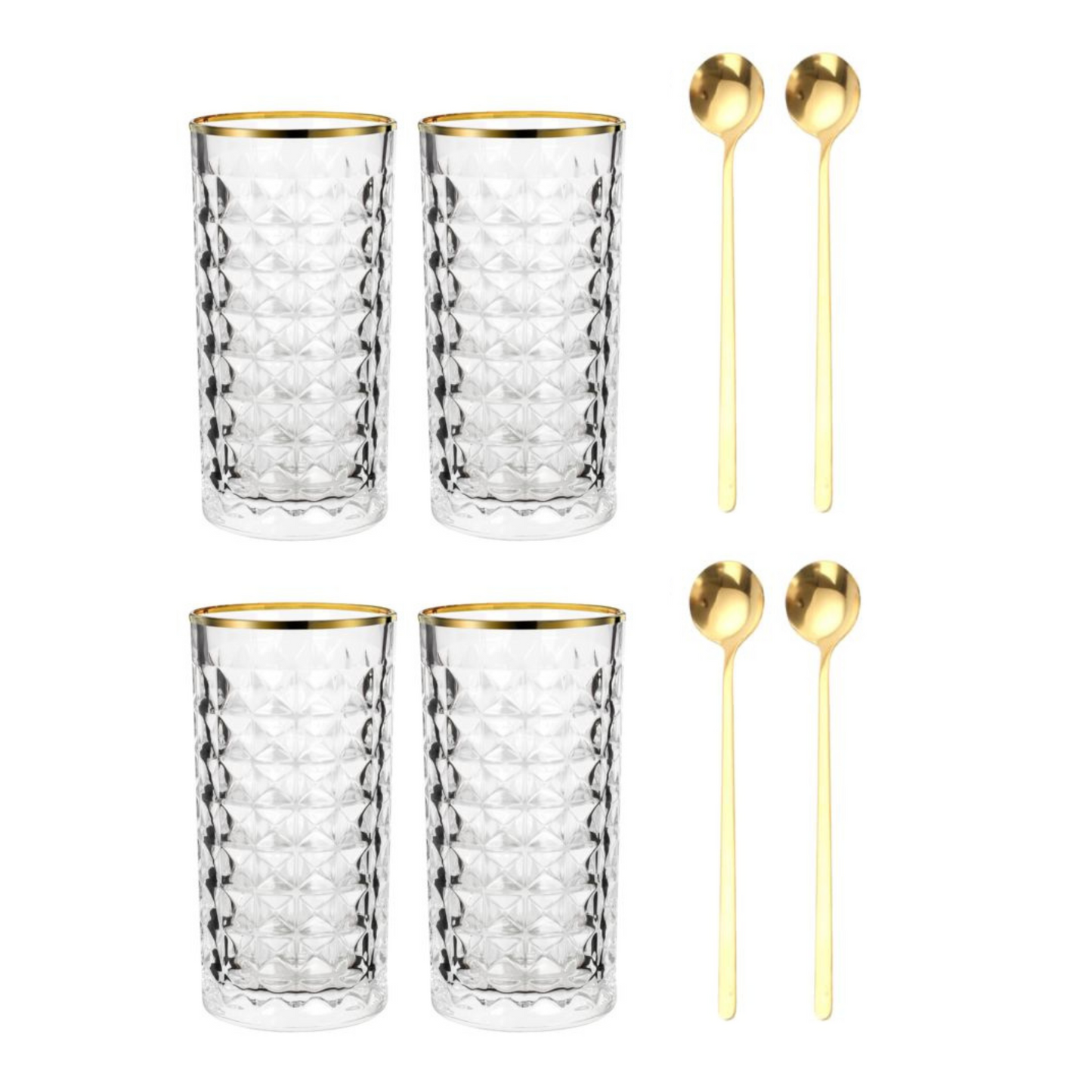 Kristall Latte Macchiato Gläser gold Rand goldene Löffel 4er-Set