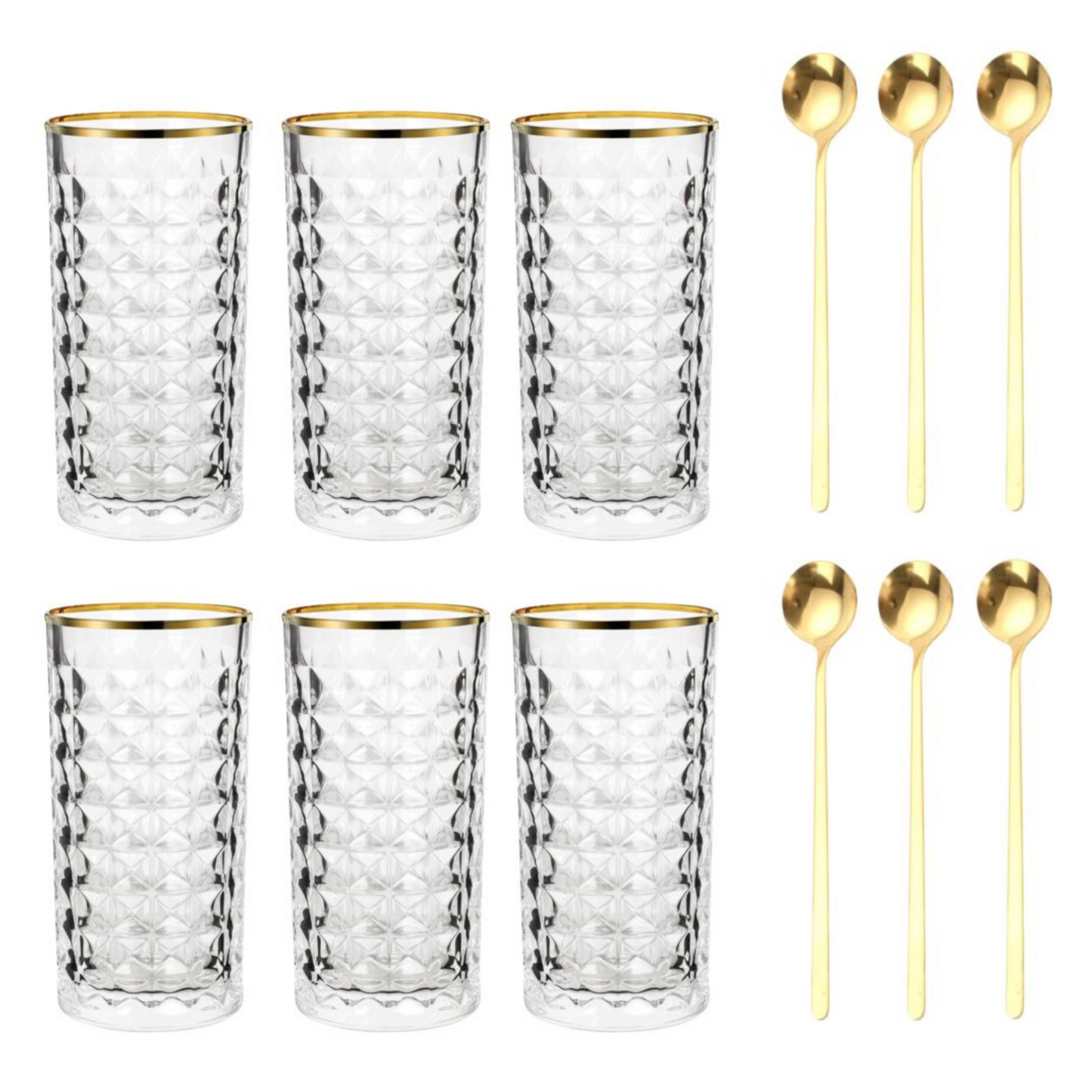 Kristall Latte Macchiato Gläser gold Rand goldene Löffel 6er-Set