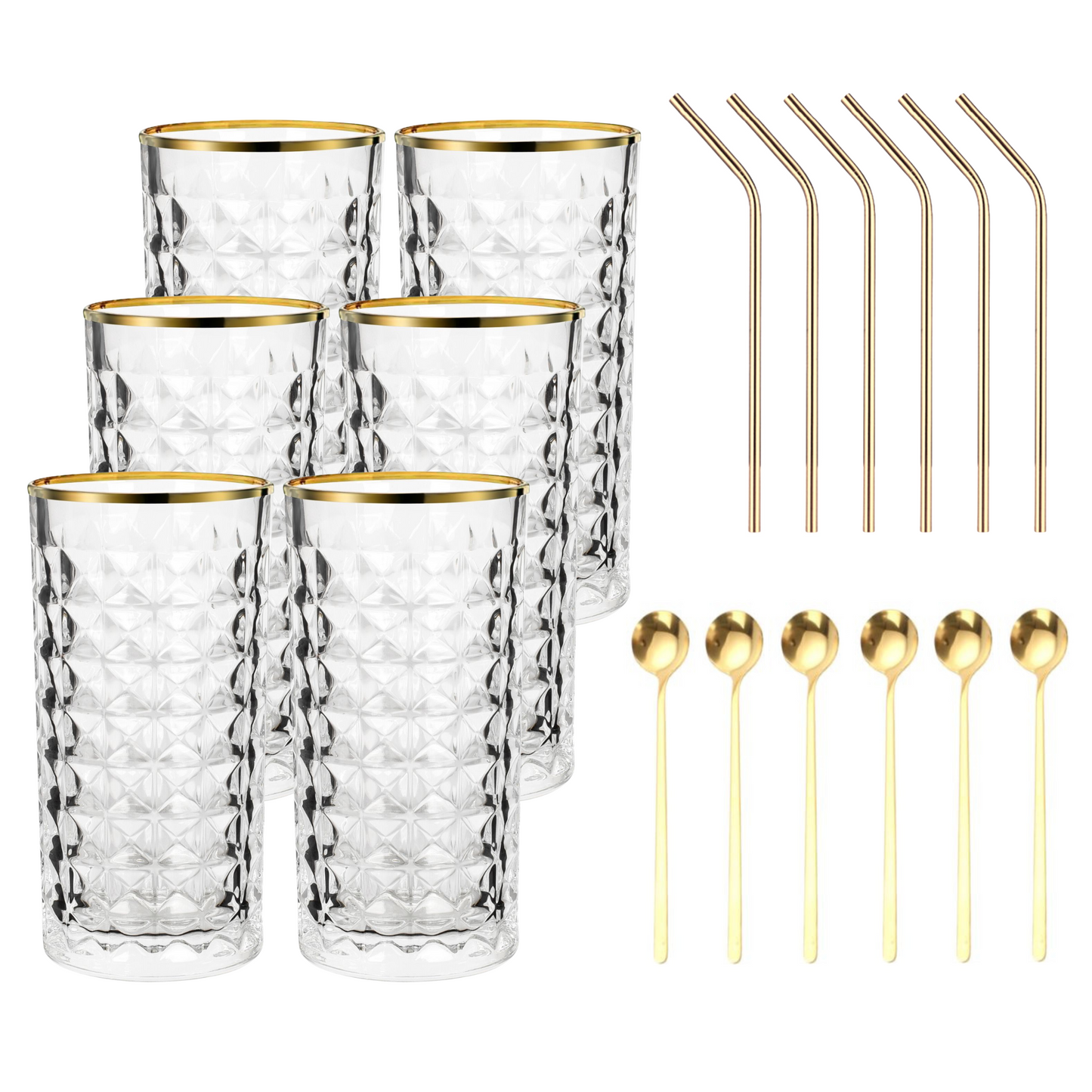Set Luxus Kristall Latte Macchiato Gläser mit Goldrand 330ml Trinkgläser 6er Set "Luxe" mit goldenen Latte Macchiato Löffeln und goldenen Strohhalmen aus Edelstahl