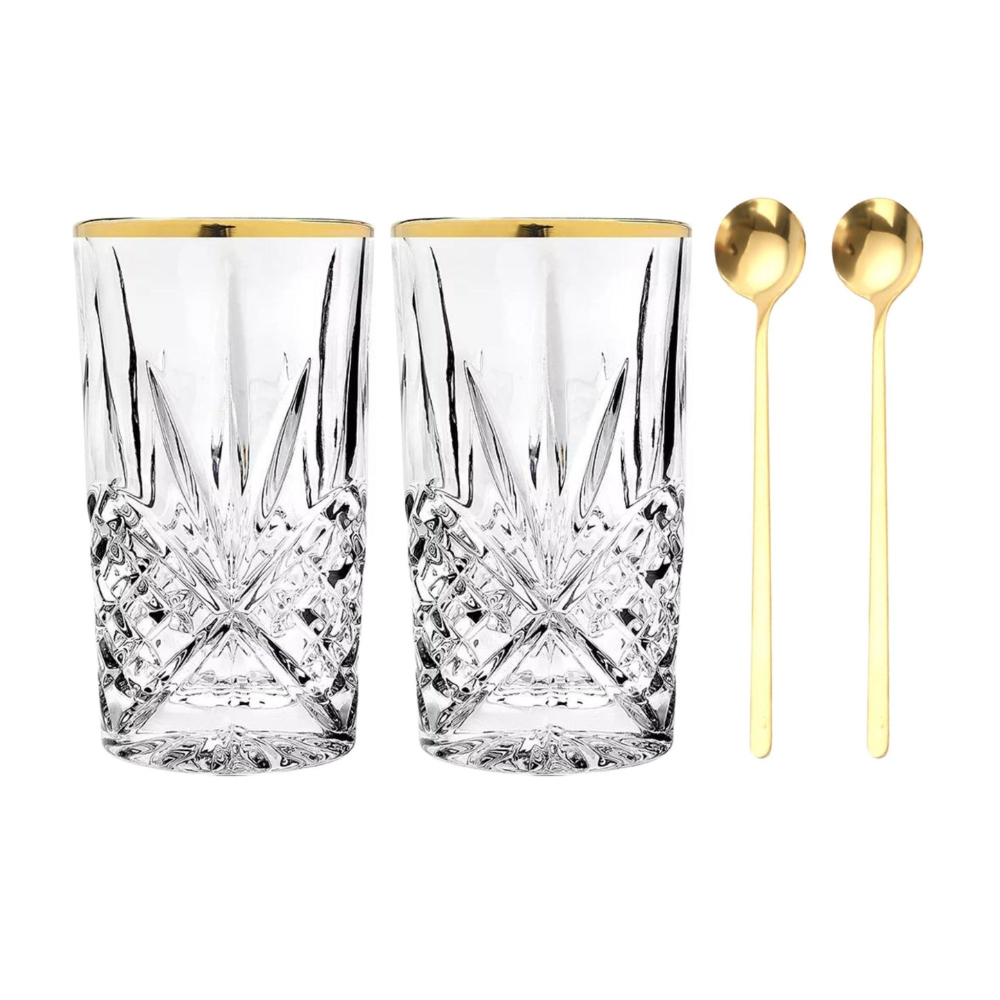 Set Luxus Kristall Latte Macchiato Gläser mit Goldrand 350ml Trinkgläser 2er Set "Star" mit goldenen Latte Macchiato Löffeln