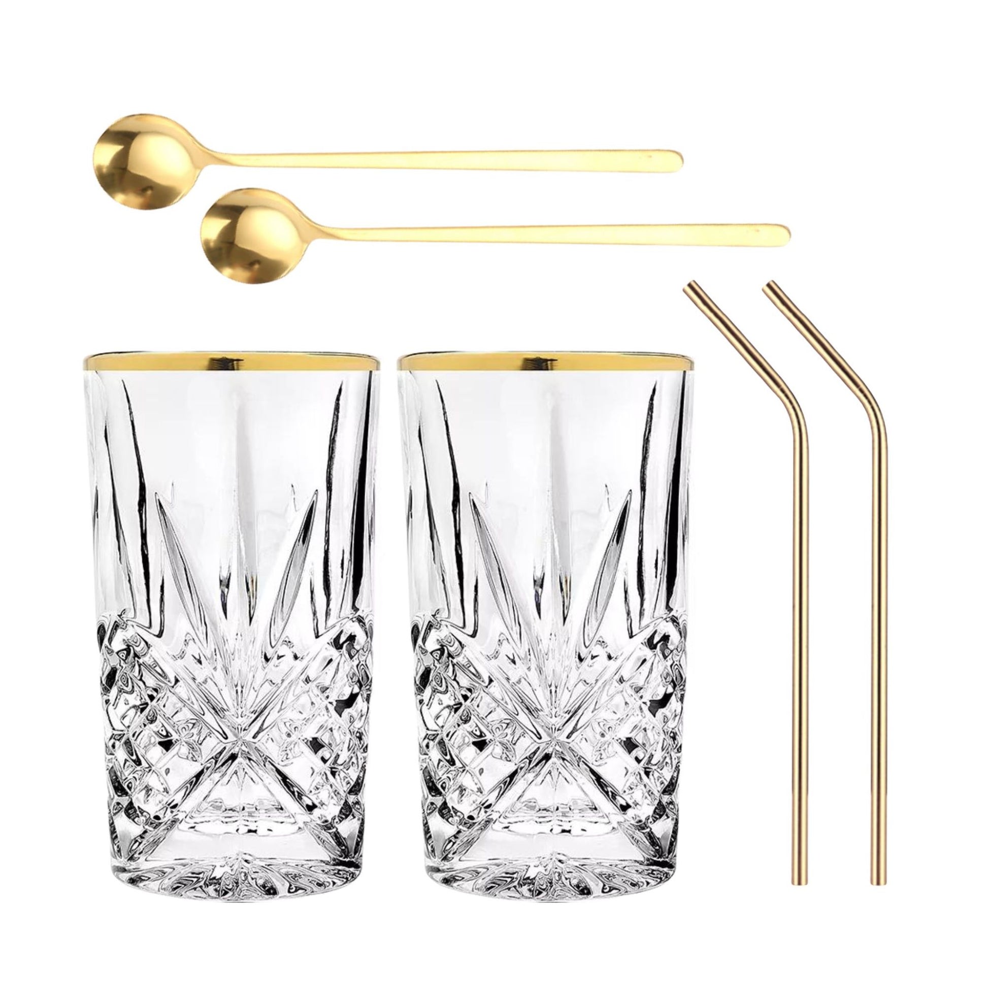 Set Luxus Kristall Latte Macchiato Gläser mit Goldrand 350ml Trinkgläser 2er Set "Star" mit goldenen Latte Macchiato Löffeln und goldenen Strohhalmen aus Edelstahl