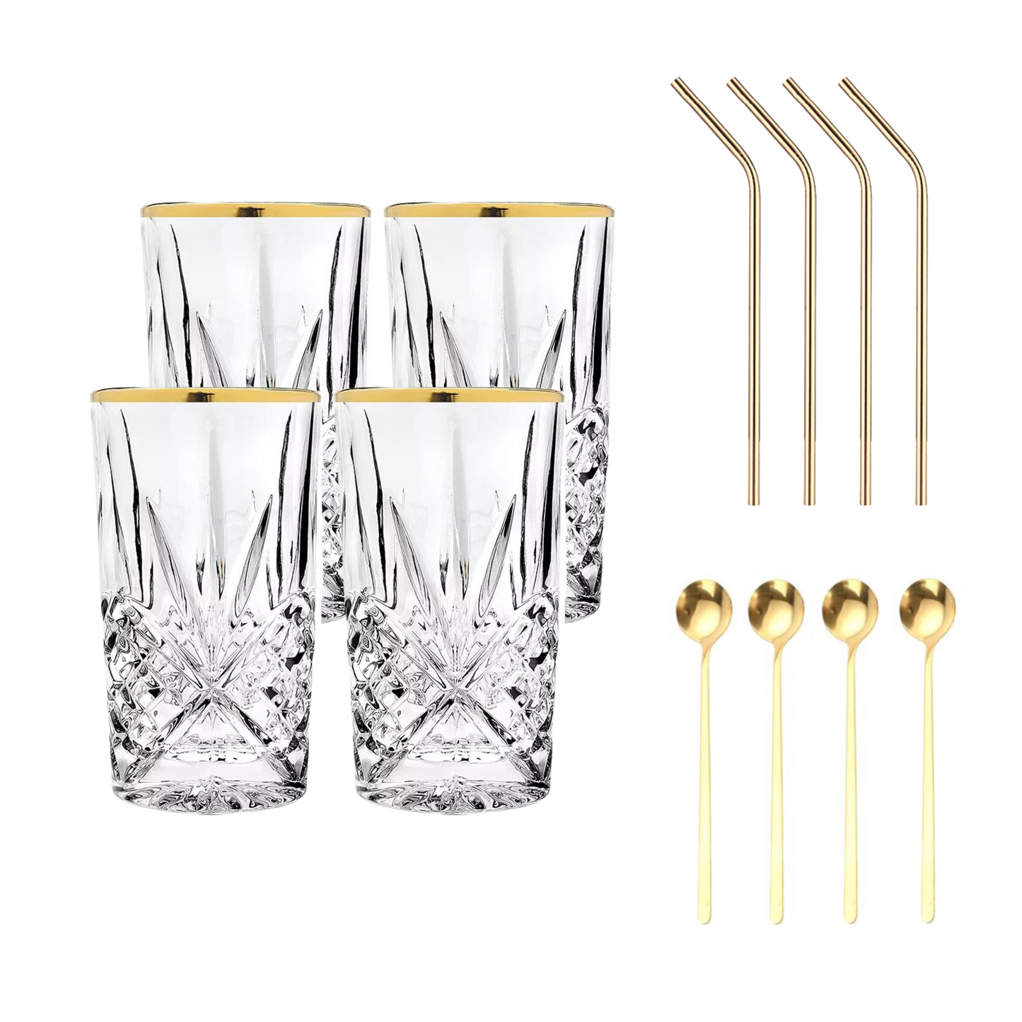 Set Luxus Kristall Latte Macchiato Gläser mit Goldrand 350ml Trinkgläser 4er Set "Star" mit goldenen Latte Macchiato Löffeln und goldenen Strohhalmen aus Edelstahl