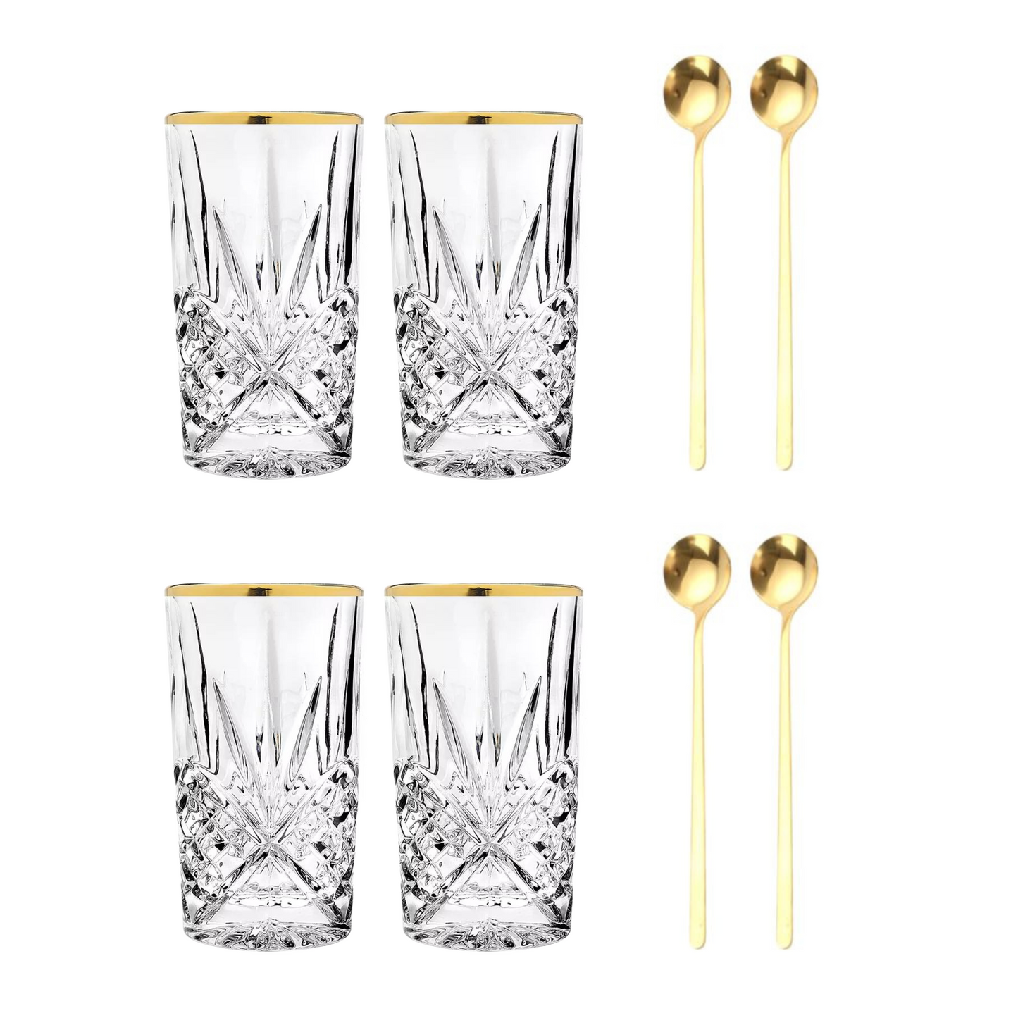 Set Luxus Kristall Latte Macchiato Gläser mit Goldrand 350ml Trinkgläser 4er Set "Star" mit goldenen Latte Macchiato Löffeln
