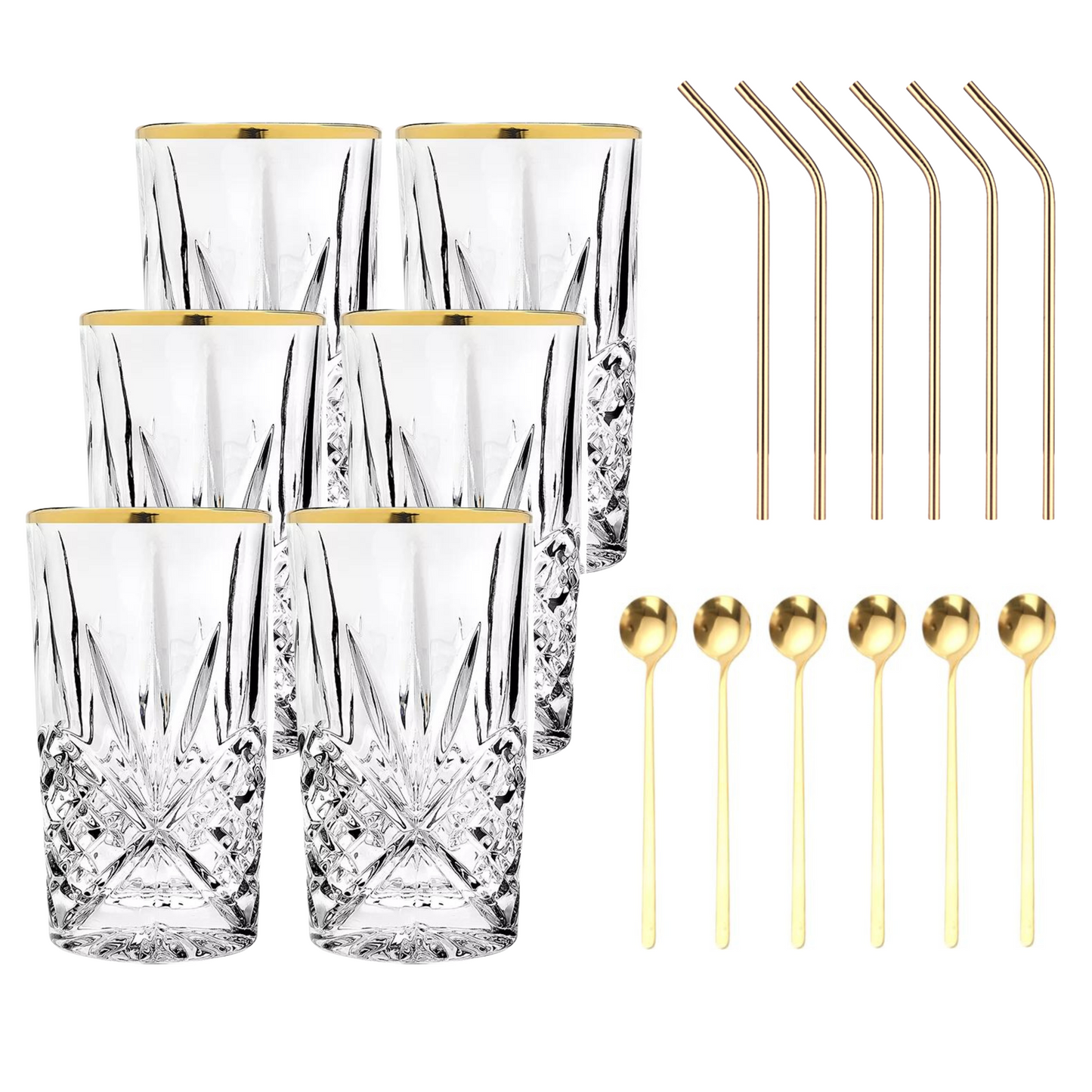 Set Luxus Kristall Latte Macchiato Gläser mit Goldrand 350ml Trinkgläser 6er Set "Star" mit goldenen Latte Macchiato Löffeln und goldenen Strohhalmen aus Edelstahl