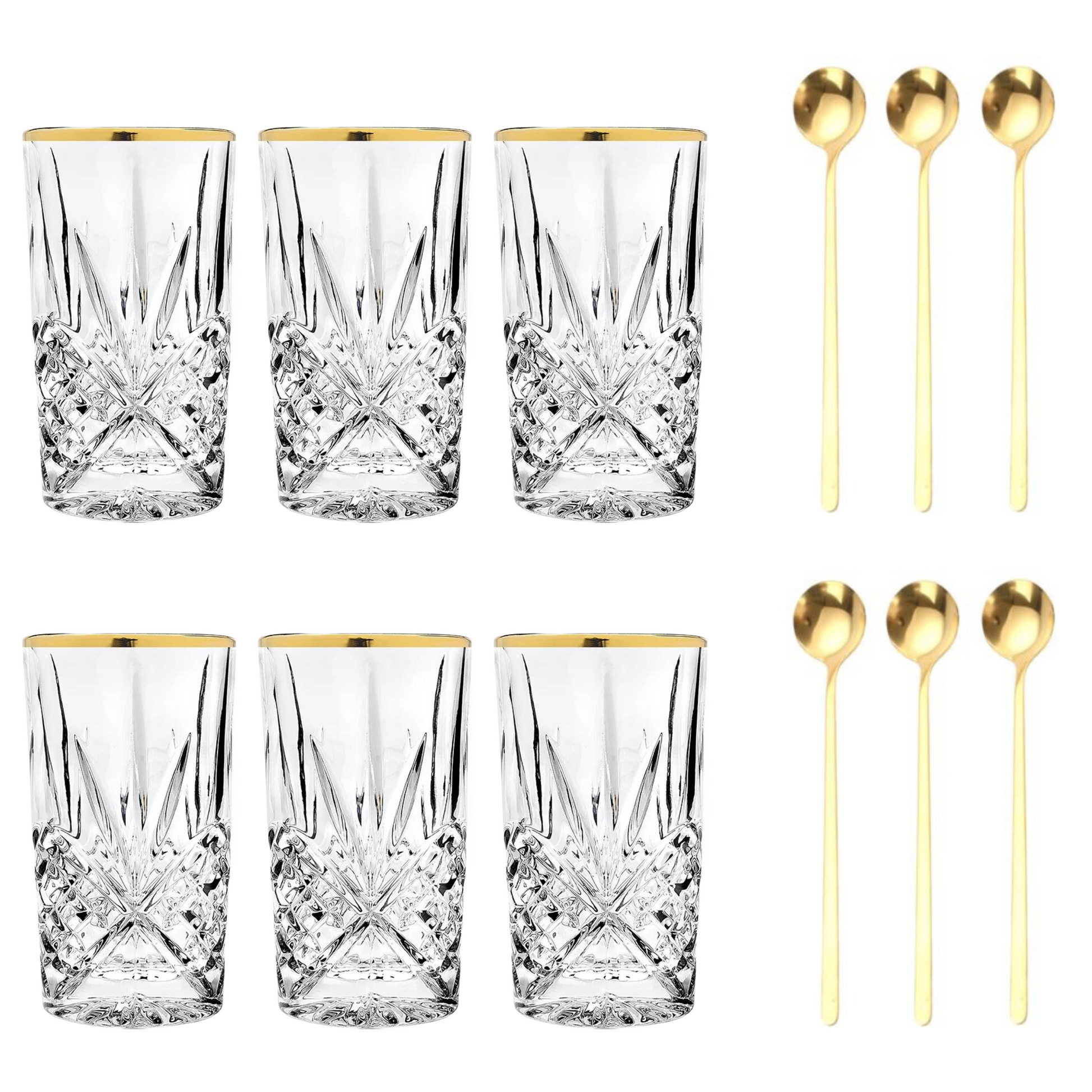 Set Luxus Kristall Latte Macchiato Gläser mit Goldrand 350ml Trinkgläser 6er Set "Star" mit goldenen Latte Macchiato Löffeln